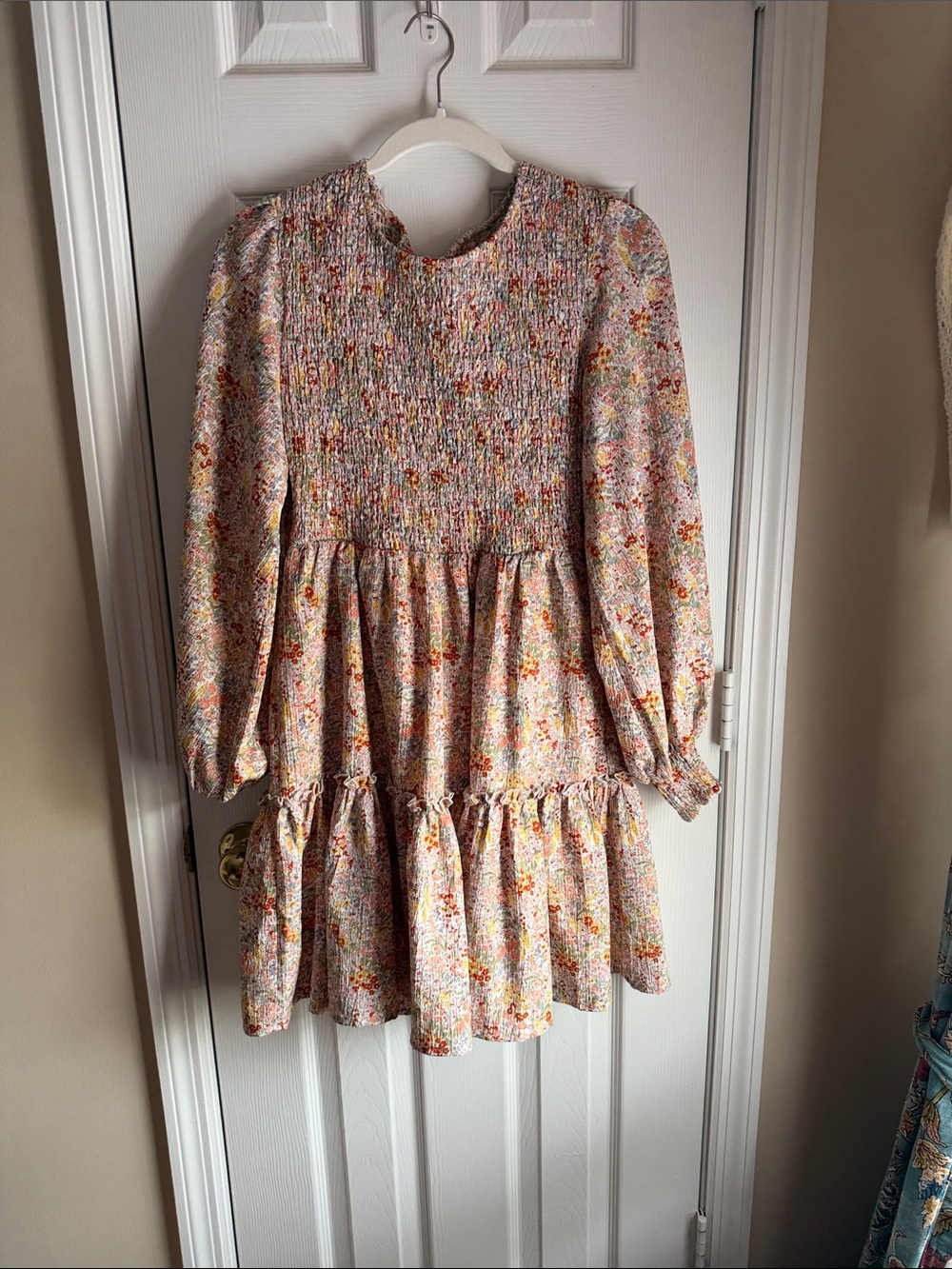 Women’s Pink Floral Long-Sleeve Smocked Dress